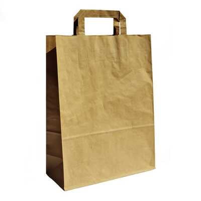 papieren tassen, plat handvat, 26x12x35 cm, bruin kraft, 80 grs