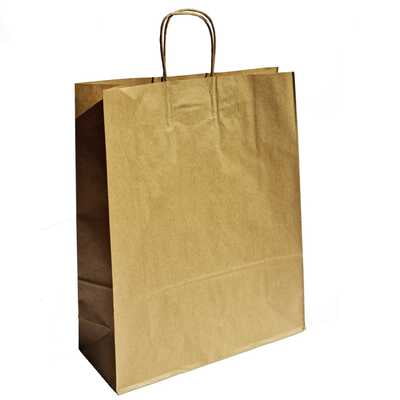 papieren tassen, gedraaid handvat, 32x12x41 cm, smal gestreept bruin kraft, 100 grs