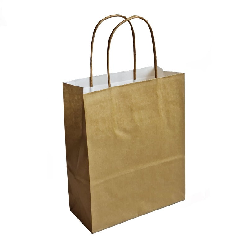 papieren tassen, gedraaid handvat, 18x8x22 cm, wit kraft, 90 grs, goud