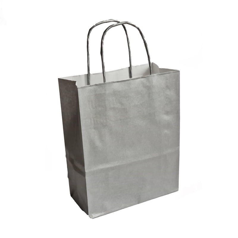 papieren tassen, gedraaid handvat, 18x8x22 cm, wit kraft, 90 grs, zilver