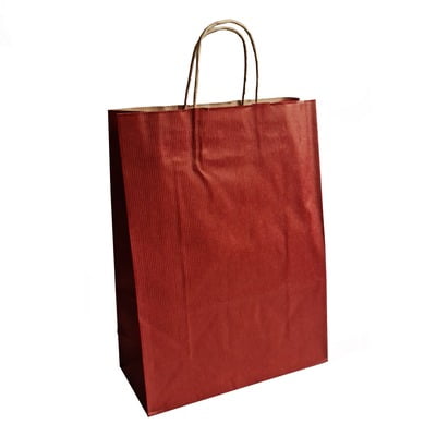 papieren tassen, gedraaid handvat, 26x12x35 cm, smal gestreept bruin kraft, 100 grs, rood