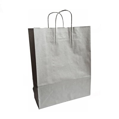 papieren tassen, gedraaid handvat, 32x12x41 cm, wit kraft, 100 grs, zilver